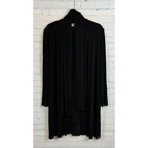 CHICO'S TRAVELERS black knit fringe scarf open front cardigan sweater 1 M NWOT